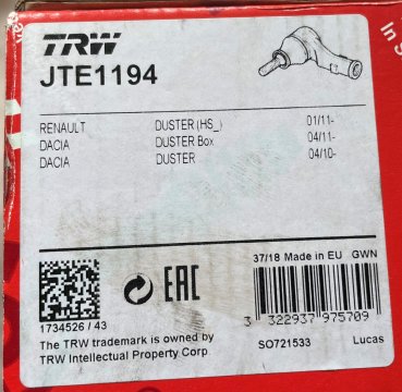 Hlava příčného táhla řízení TRW JTE1194 Renault 8201108339 nový