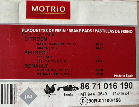 Sada brzdových destiček Motrio 8671016190 kotoučová brzda vzadu RENAULT / CITROËN / PEUGEOT